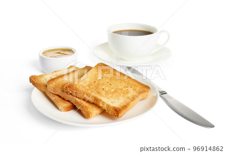 Tasty healthy breakfast with toasts on white background Tasty healthy breakfast with toasts on white background 96914862