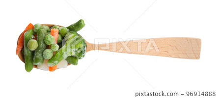 Frozen vegetables in wooden spoon isolated on white, top view Frozen vegetables in wooden spoon isolated on white, top view 96914888