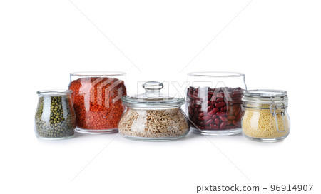 Different types of legumes and cereals on white background. Organic grains 96914907