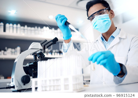 Covid, microscope and experiment with a man scientist working on research or innovation in a laboratory. Doctor, medicine and safety with a male scientist at work in a lab for a corona virus cure Covid, microscope and experiment with a man scientist working on research or innovation in a laboratory. Doctor, medicine and safety with a male scientist at work in a lab for a corona virus cure 96915124