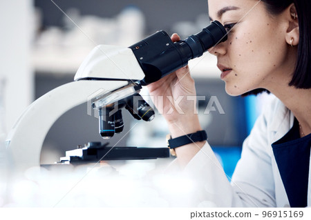 Science laboratory, microscope analysis and scientist research bacteria virus for healthcare innovation. Biotechnology lab, medical development study and Asian woman check micro biology test sample 96915169