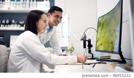 Computer, plant and science with a team planning a botanist experiment and reviewing research. Data, pc and botany expert colleagues in laboratory with ecology study for climate change idea 96915222