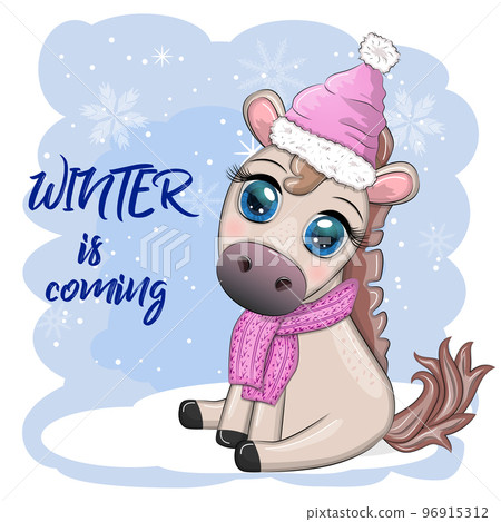 Cute horse, pony in Santa's hat with candy kane, Christmas ball, gift, ice skating. Winter is coming Cute horse, pony in Santa's hat with candy kane, Christmas ball, gift, ice skating. Winter is coming 96915312