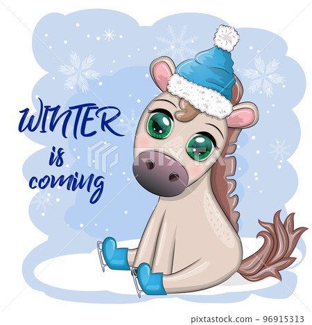 Cute horse, pony in Santa's hat with candy kane, Christmas ball, gift, ice skating. Winter is coming Cute horse, pony in Santa's hat with candy kane, Christmas ball, gift, ice skating. Winter is coming 96915313