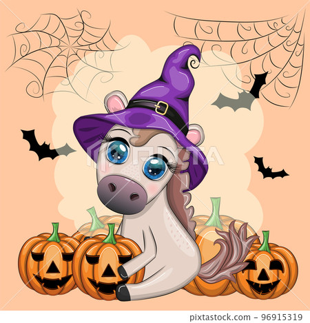 Cute horse, pony in a purple witch hat, with a broom, pumpkin, potion. Halloween card for the holiday Cute horse, pony in a purple witch hat, with a broom, pumpkin, potion. Halloween card for the holiday 96915319