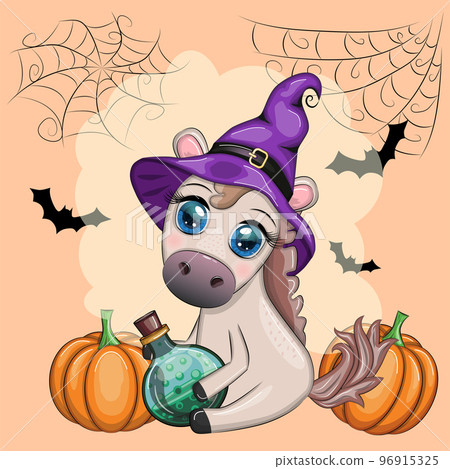 Cute horse, pony in a purple witch hat, with a broom, pumpkin, potion. Halloween card for the holiday Cute horse, pony in a purple witch hat, with a broom, pumpkin, potion. Halloween card for the holiday 96915325