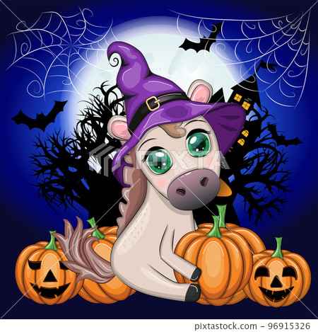 Cute horse, pony in a purple witch hat, with a broom, pumpkin, potion. Halloween card for the holiday Cute horse, pony in a purple witch hat, with a broom, pumpkin, potion. Halloween card for the holiday 96915326
