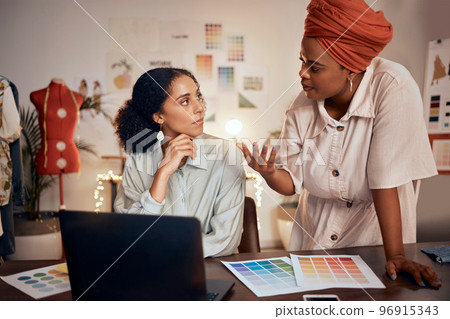 Laptop, meeting or fashion designer women in office planning, collaboration or thinking of creative color wheel. Small business, diversity or startup working for teamwork, analysis or strategy 96915343