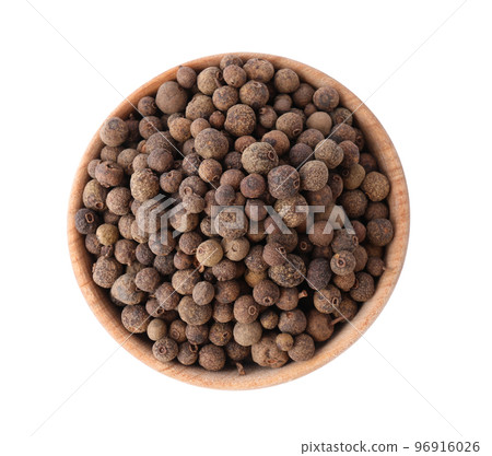 Spicy black pepper grains isolated on white, top view Spicy black pepper grains isolated on white, top view 96916026