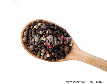 Pepper grains mix in wooden spoon isolated on white, top view 96916028