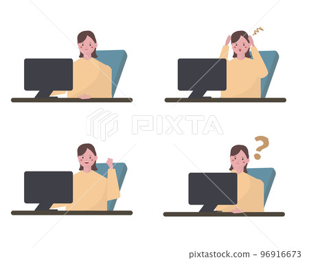 一個在個人電腦上工作的女人和一組各種面部表情 一個在個人電腦上工作的女人和一組各種面部表情 96916673