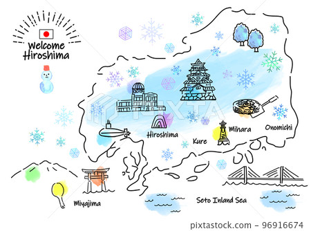 Simple line drawing illustration map of tourist spots in Hiroshima Prefecture in winter Simple line drawing illustration map of tourist spots in Hiroshima Prefecture in winter 96916674