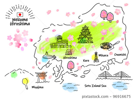 Simple line drawing illustration map of tourist spots in Hiroshima Prefecture in spring (green) 96916675