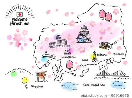 Simple line drawing illustration map of tourist spots in Hiroshima Prefecture in spring (pink) 96916676