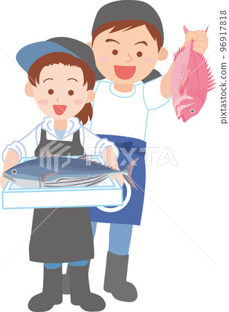 工人_魚店_漁民_帶魚青年男女_全身 工人_魚店_漁民_帶魚青年男女_全身 96917818