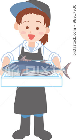 Workers _ fish shop _ fishermen _ young men and women with fish _ upper body Workers _ fish shop _ fishermen _ young men and women with fish _ upper body 96917930