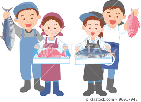 工人_魚店_漁夫_4人組_全身 96917945