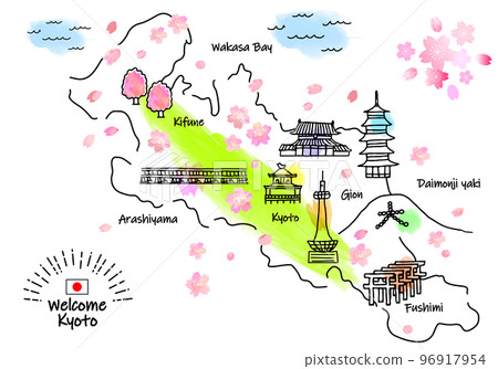 Simple line drawing illustration map of Kyoto's tourist spots in spring (green) 96917954