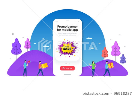 Mega sale sticker. Phone ui interface banner. Discount banner shape. Coupon bubble icon. Mobile smartphone promo banner. Mega sale tag. Man with gift box. Vector Mega sale sticker. Phone ui interface banner. Discount banner shape. Coupon bubble icon. Mobile smartphone promo banner. Mega sale tag. Man with gift box. Vector 96918287