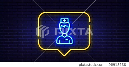 Neon light speech bubble. Doctor line icon. Medicine drugs sign. Pharmacy medication symbol. Neon light background. Doctor glow line. Brick wall banner. Vector Neon light speech bubble. Doctor line icon. Medicine drugs sign. Pharmacy medication symbol. Neon light background. Doctor glow line. Brick wall banner. Vector 96918288