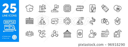 Outline icons set. Euler diagram, Chemistry molecule and File management icons. Love cooking, Find user, Strong arm web elements. Elevator, Methodology, Organic product signs. Vector 96918290