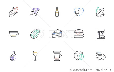 Double latte, Food delivery and Corn line icons for website, printing. Collection of Ice cream, Whiskey glass, Wine glass icons. Cappuccino, Burger, Frying pan web elements. Coffee beans. Vector 96918303