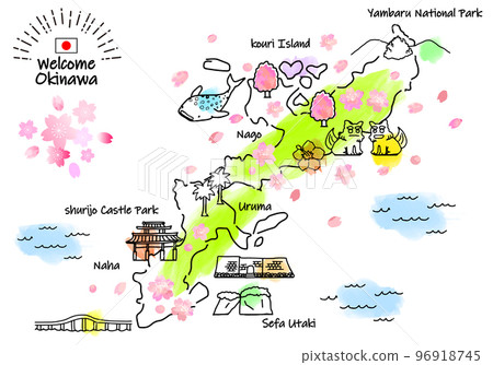 Simple line drawing illustration map of tourist spots in Okinawa Prefecture in spring (green) 96918745