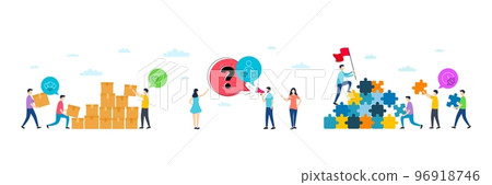 Male female, Buyer and Ice creams minimal line icons. People characters with puzzle, delivery parcel. Puzzle time icons. For web, application, printing. Vector 96918746
