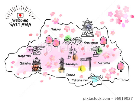春季埼玉縣旅遊景點簡筆劃插畫圖（粉色） 96919027