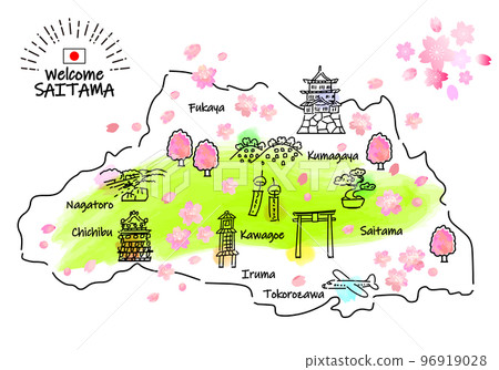 Simple line drawing illustration map of tourist spots in Saitama Prefecture in spring (green) 96919028
