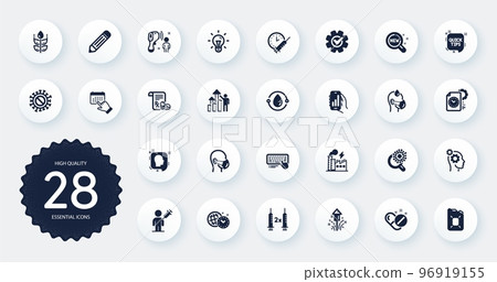 Set of Science icons, such as Canister oil, Employee results and Time management flat icons. Cogwheel, Cold-pressed oil, Pencil web elements. Thoughts, Fireworks, Coronavirus research signs. Vector 96919155