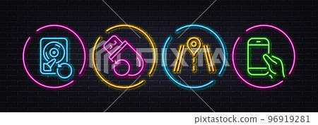 Flash memory, Road and Recovery hdd minimal line icons. Neon laser 3d lights. Hold smartphone icons. For web, application, printing. Recovery usb, Journey highway, Backup info. Phone call. Vector 96919281