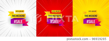 This weekend sale 40 percent off banner. Flash offer banner, coupon or poster. Discount sticker shape. Hot offer icon. Weekend sale promo banner. Retail marketing flyer. Starburst pop art. Vector This weekend sale 40 percent off banner. Flash offer banner, coupon or poster. Discount sticker shape. Hot offer icon. Weekend sale promo banner. Retail marketing flyer. Starburst pop art. Vector 96919285