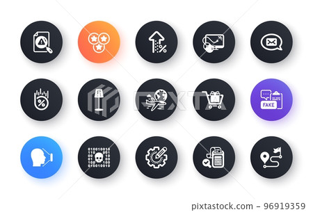 Minimal set of Computer mouse, Settings gear and Messenger flat icons for web development. Stars, Bill accounting, Floor lamp icons. Face id, International flight, Binary code web elements. Vector 96919359