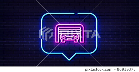 Neon light speech bubble. Parking garage line icon. Auto park sign. Car place symbol. Neon light background. Parking garage glow line. Brick wall banner. Vector Neon light speech bubble. Parking garage line icon. Auto park sign. Car place symbol. Neon light background. Parking garage glow line. Brick wall banner. Vector 96919373