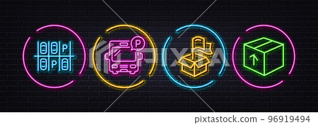 Bus parking, Delivery location and Parking place minimal line icons. Neon laser 3d lights. Package icons. For web, application, printing. Public park, Parcel shipping, Transport. Delivery pack. Vector Bus parking, Delivery location and Parking place minimal line icons. Neon laser 3d lights. Package icons. For web, application, printing. Public park, Parcel shipping, Transport. Delivery pack. Vector 96919494