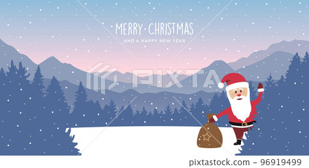 cute santa on snowy mountain and forest winter landscape christmas greetig card 96919499