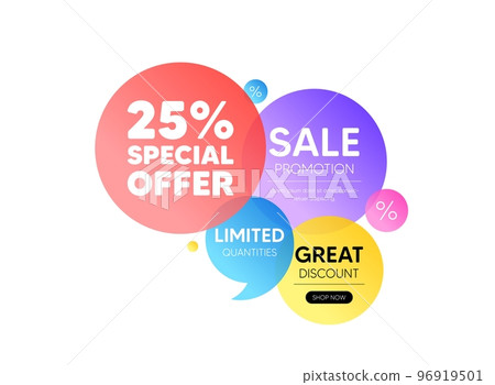 Discount offer bubble banner. 25 percent discount offer tag. Sale price promo sign. Special offer symbol. Promo coupon banner. Discount round tag. Quote shape element. Vector Discount offer bubble banner. 25 percent discount offer tag. Sale price promo sign. Special offer symbol. Promo coupon banner. Discount round tag. Quote shape element. Vector 96919501
