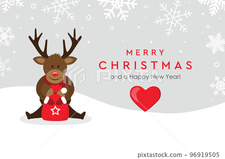 christmas greeting card with cute deer on snowy background christmas greeting card with cute deer on snowy background 96919505