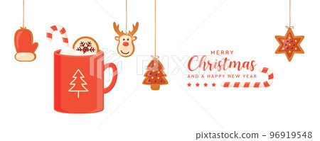 christmas card with hanging gingerbread cookies and cocoa drink 96919548
