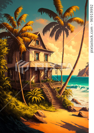 Illustration of summer houses at the ocean or sea with dramatic sky at sunset.Ai generated content 96919992