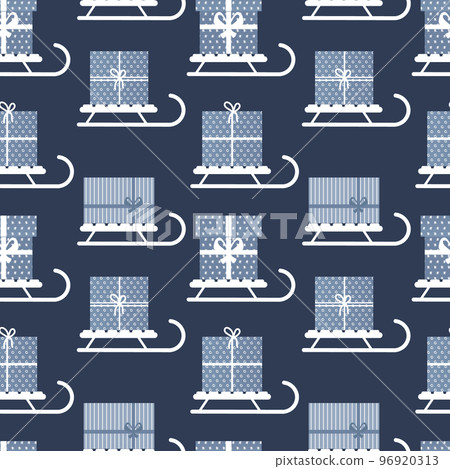 Seamless pattern, winter sleigh with gifts boxes. Blue and white design. Background, textile, vector 96920313