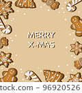 Christmas card with gingerbread cookies on beige background. Christmas card. Greeting card. 96920526