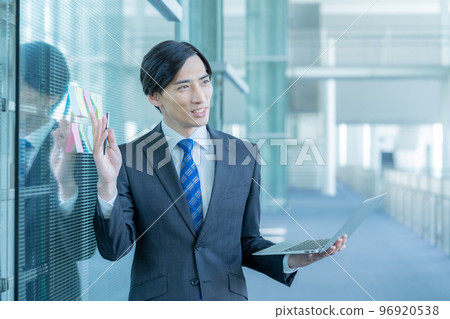 A businessman holding a laptop and giving instructions Seminar A businessman holding a laptop and giving instructions Seminar 96920538