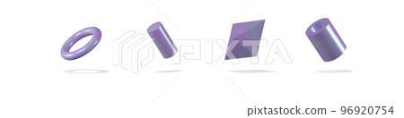 Geometric figures, 3d rendering composition with torus, cylinder, rhombus and tube of purple and greenish color. Isolated. Geometric figures, 3d rendering composition with torus, cylinder, rhombus and tube of purple and greenish color. Isolated. 96920754