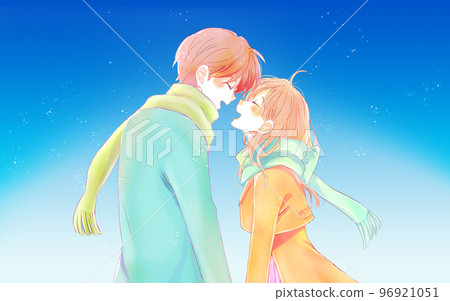A happy man and woman in winter facing each other 96921051