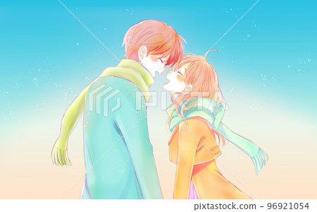 A happy man and woman in winter facing each other A happy man and woman in winter facing each other 96921054