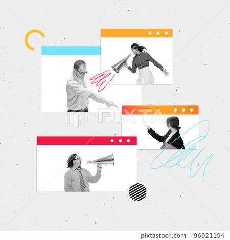 Business concept. Contemporary art collage. Career development, brainstorming, sales, corporate cooperation, motivation and teamwork. Minimalism 96921194