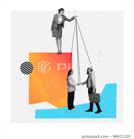 Lady boss manipulating subordinates, colleagues or business partners. Contemporary art collage. Concept of business psychology, leadership qualities 96921205