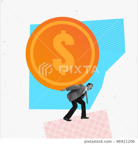 Tired businessman carring on huge drawn dollar coin. Contemporary art collage. Earnings, deposits, investment and stock exchange. Minimalism 96921206